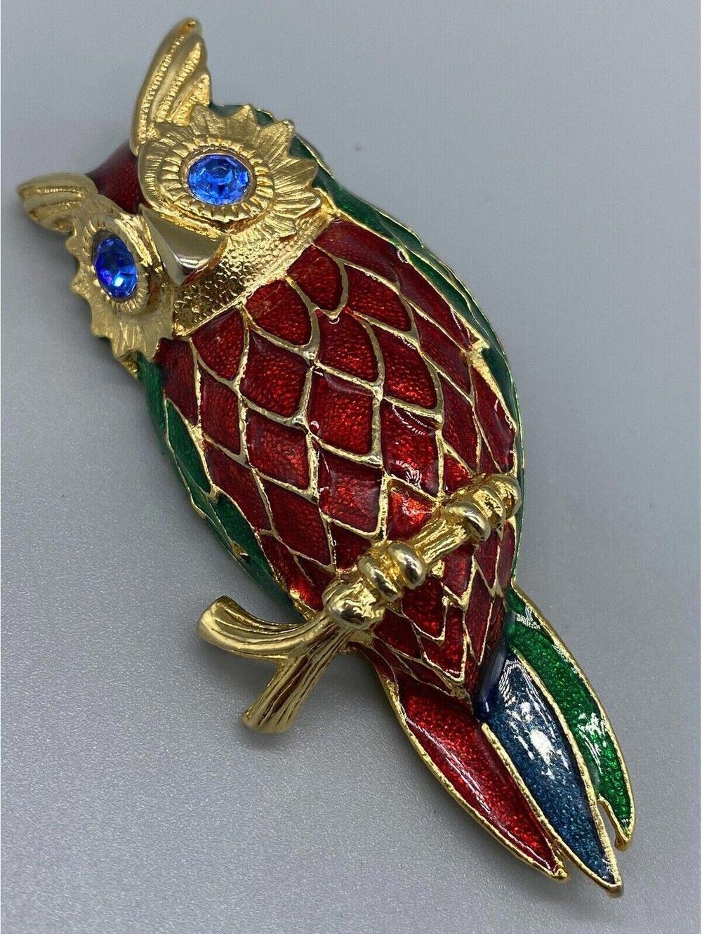 Red Green Blue Enamel Blue Eyes Rhinestone Owl On Branch Gold Tone Brooch Pin